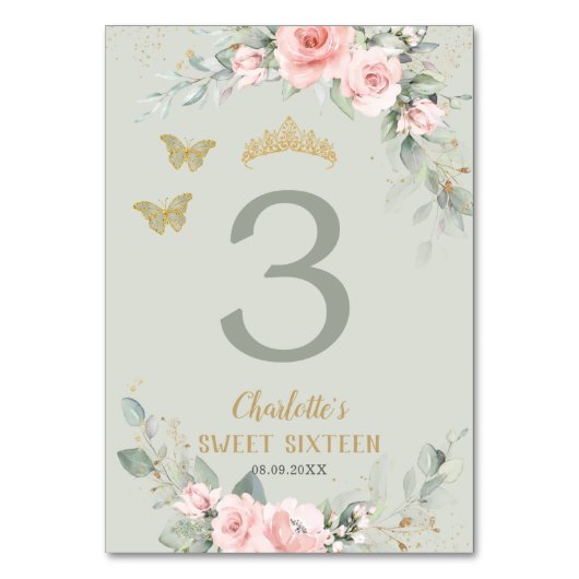 Blush Pink Floral Sage Green Butterflies Sweet 16 Kaart (Achterkant)