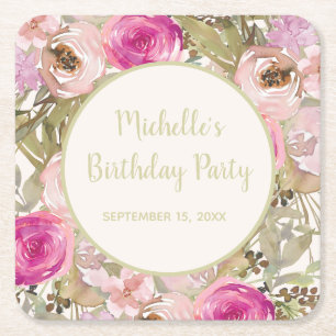 Blush Pink Floral Sage Green Leaves Birthday Kartonnen Onderzetters