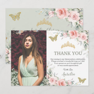Blush Pink Floral Sage Green Quinceañera Foto Bedankkaart