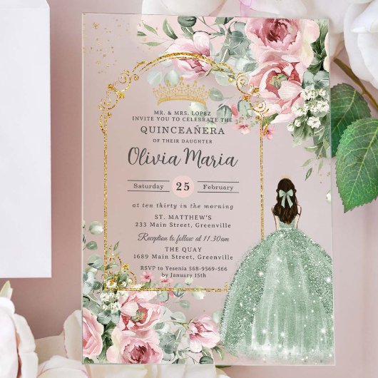 Blush Pink Floral Sage Green Quinceañera Sweet 16 Acryl Uitnodigingen