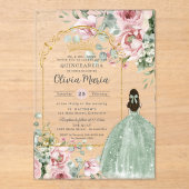 Blush Pink Floral Sage Green Quinceañera Sweet 16 Acryl Uitnodigingen (Voorkant)