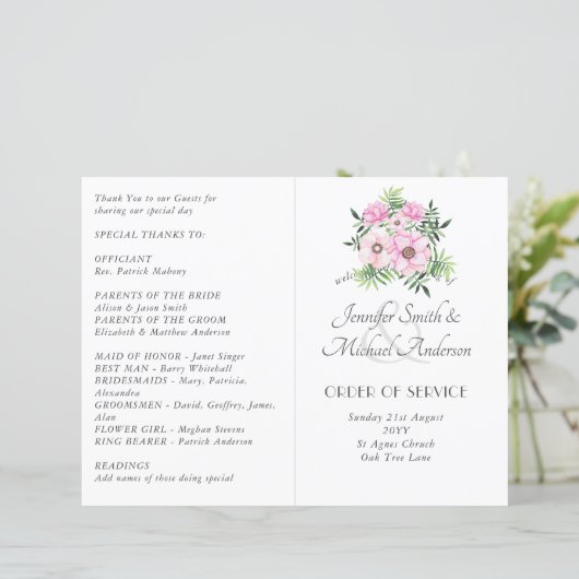 Blush Pink Floral Sage Leaves Budget Weddenschap (Staand voorkant)