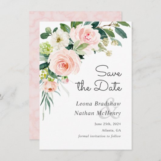 Blush Pink Floral Save the Date (Voorkant / Achterkant)