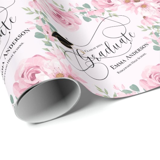Blush Pink Floral Script Klasse van 2025 Afstudere Cadeaupapier (Rol Hoek)