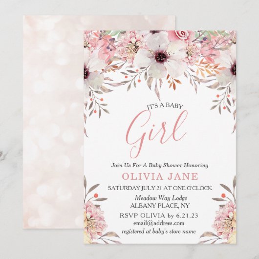 Blush Pink Floral Shimmer Baby shower Invitation Kaart (Voorkant / Achterkant)