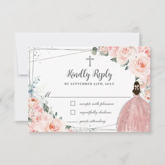 Blush Pink Floral Silver Baptism Christening Girl RSVP Kaartje (Voorkant)
