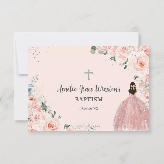Blush Pink Floral Silver Baptism Christening Girl RSVP Kaartje (Achterkant)