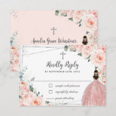 Blush Pink Floral Silver Baptism Christening Girl RSVP Kaartje (Voorkant / Achterkant)