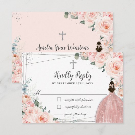 Blush Pink Floral Silver Baptism Christening Girl RSVP Kaartje (Voorkant / Achterkant)