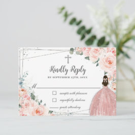 Blush Pink Floral Silver Baptism Christening Girl RSVP Kaartje