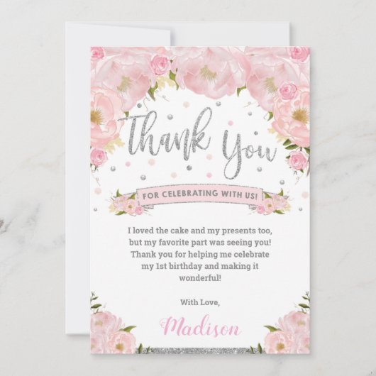 Blush Pink Floral Silver Birthday Baby shower Bedankkaart (Voorkant)