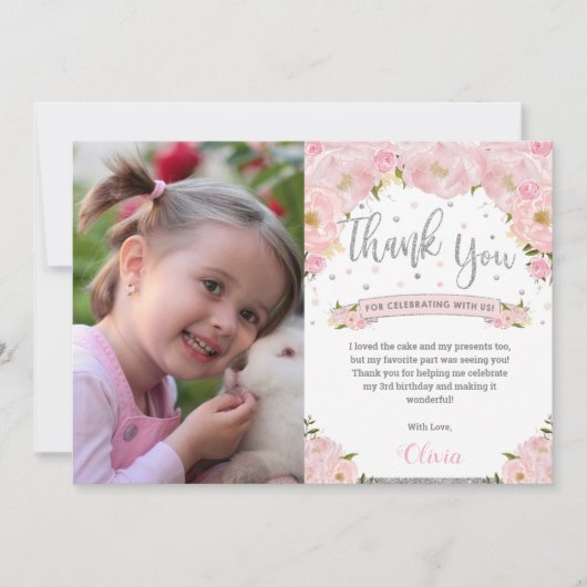 Blush Pink Floral Silver Glitter Birthday Foto Bedankkaart (Voorkant)