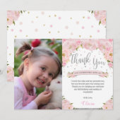 Blush Pink Floral Silver Glitter Birthday Foto Bedankkaart (Voorkant / Achterkant)