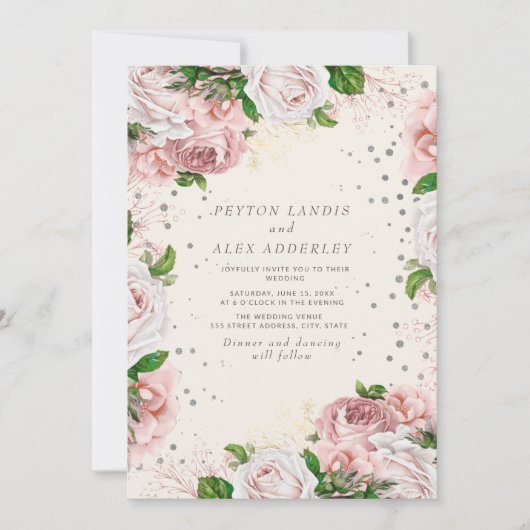 Blush Pink  Floral Silver Glitter Wedding Kaart (Voorkant)