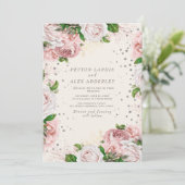 Blush Pink  Floral Silver Glitter Wedding Kaart (Staand voorkant)