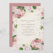 Blush Pink  Floral Silver Glitter Wedding Kaart (Voorkant / Achterkant)