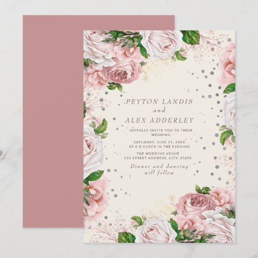 Blush Pink  Floral Silver Glitter Wedding Kaart (Voorkant / Achterkant)