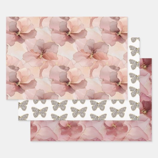 Blush Pink Floral Sparkle Butterfly Verjaardag Inpakpapier Vel (Set)