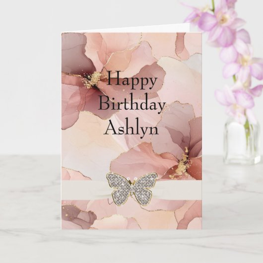 Blush Pink Floral Sparkle Butterfly Verjaardag Kaart (Orchidee)