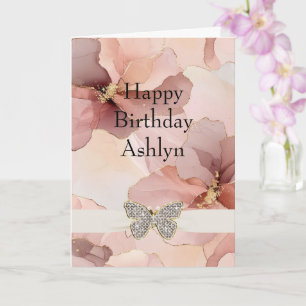 Blush Pink Floral Sparkle Butterfly Verjaardag Kaart