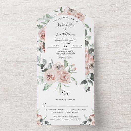 Blush Pink Floral Spring Weddenschap met RSVP All In One Uitnodiging (Binnen)