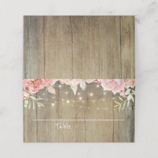 Blush Pink Floral String Lights Rustiek hout Plaatskaartje (Buitenkant ongevouwen)