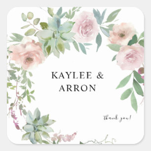 Blush Pink Floral & Succulent Bedankt 2 Vierkante Sticker