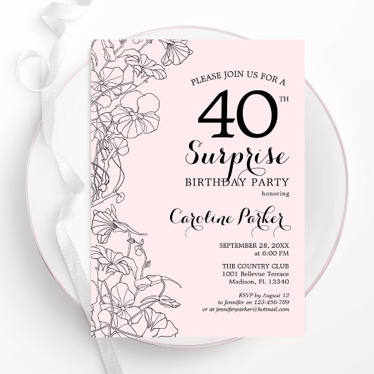 Blush Pink Floral Surprise 40ste verjaardagsfeestj Kaart