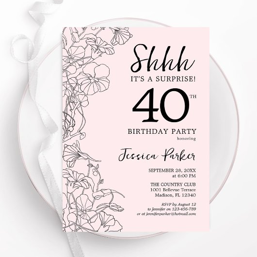 Blush Pink Floral Surprise 40th Birthday Kaart