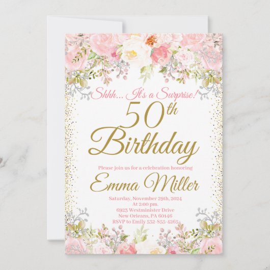 Blush Pink Floral Surprise 50th Birthday Kaart (Voorkant)