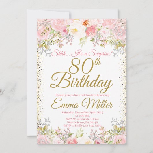 Blush Pink Floral Surprise 80th Birthday Kaart (Voorkant)