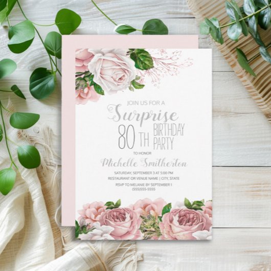 Blush Pink Floral Surprise 80th Birthday Kaart