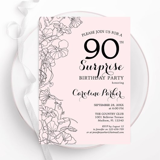Blush Pink Floral Surprise 90ste verjaardagsfeestj Kaart
