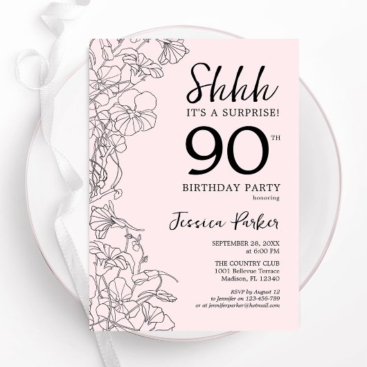 Blush Pink Floral Surprise 90th Birthday Kaart