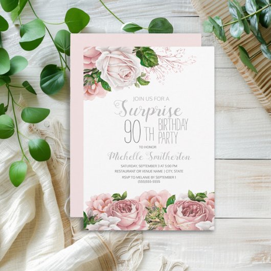 Blush Pink Floral Surprise 90th Birthday Kaart
