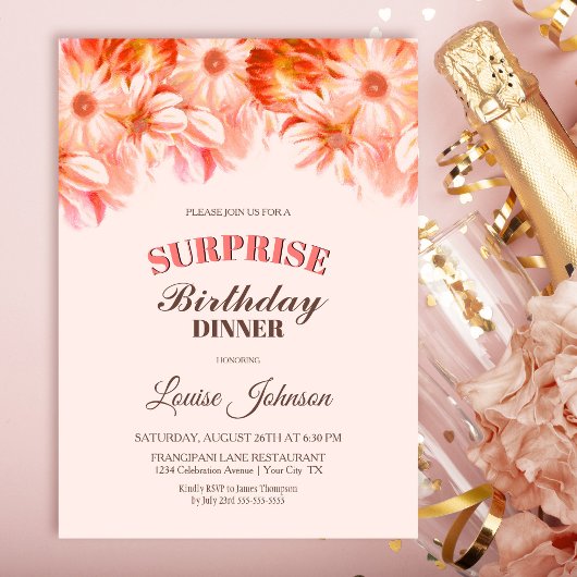 Blush Pink Floral Surprise Birthday Dinner Party Kaart