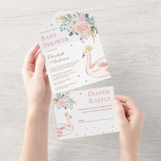 Blush Pink Floral Swan Princess Baby shower All In One Uitnodiging (Afscheurbaar)