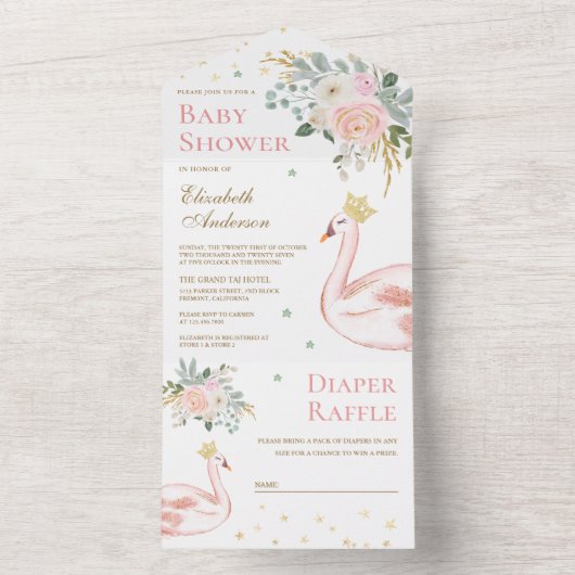 Blush Pink Floral Swan Princess Baby shower All In One Uitnodiging (Binnen)