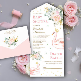 Blush Pink Floral Swan Princess Baby shower All In One Uitnodiging