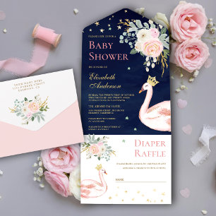 Blush Pink Floral Swan Princess Navy Baby shower All In One Uitnodiging