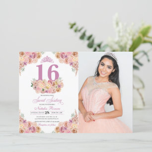 Blush Pink Floral Sweet 16 Birthday Foto Kaart