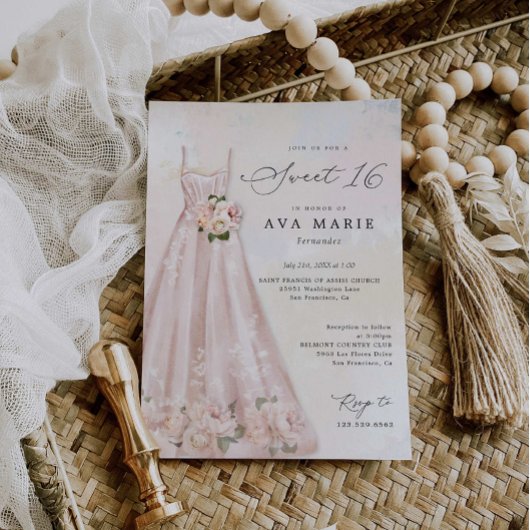 Blush Pink Floral Sweet 16 Birthday Invitation Kaart