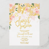 Blush Pink Floral Sweet 16 Butterfly Gold Folie Uitnodiging (Voorkant)
