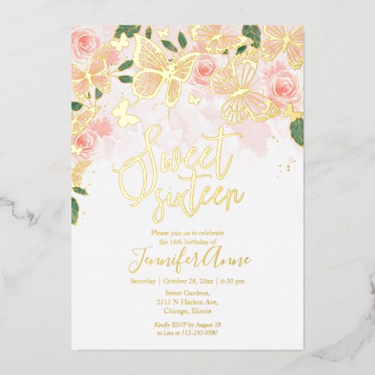 Blush Pink Floral Sweet 16 Butterfly Gold Folie Uitnodiging (Voorkant)