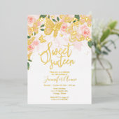 Blush Pink Floral Sweet 16 Butterfly Gold Folie Uitnodiging (Staand Voorkant)