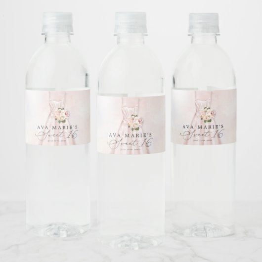 Blush Pink Floral Sweet 16 Personalized Waterfles Etiket (Flessen)