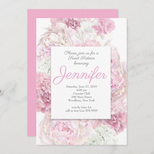 Blush Pink Floral Sweet 16 Uitnodiging (Voorkant / Achterkant)