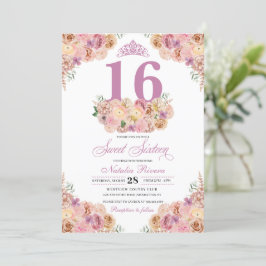 Blush Pink Floral Sweet Sixteen Birthday Inv Kaart