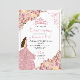 Blush Pink Floral Sweet Sixteen Birthday Inv Kaart