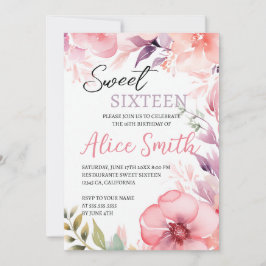 Blush Pink Floral Sweet Sixteen Birthday Kaart